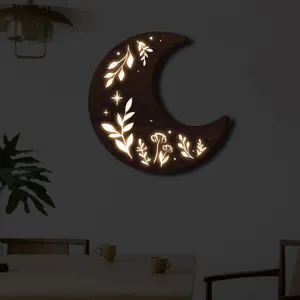 Luce notturna LED luna in legno per decorazione murale, stile boho foglie luminose accoglienti.