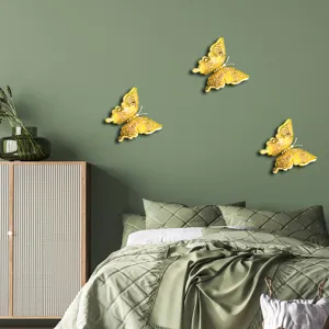 Detailed view of 3D hallowed butterfly wall stickers in a cozy green bedroom scene setup.