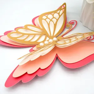 Close-up detail of 3D layered hollow butterfly wall sticker with gold and pearls for decor.