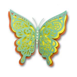 3D four-layer hollow pearlescent paper butterfly wall sticker with pearl detail for home decor.