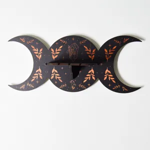 Bohemian triple moon wooden wall shelf for crystal and jewelry storage home decor detail view