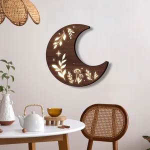 Lampada da parete a luna in legno boho nordico, luce notturna decorativa foglie cave.