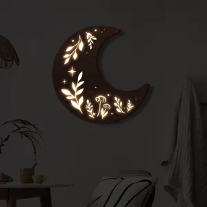 Luce notturna a LED da parete in legno luna boho con ritagli botanici per decorazioni accoglienti.