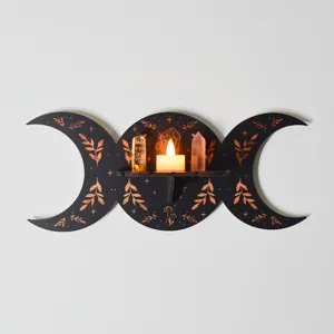 Bohemian triple moon wooden wall shelf with crystal and leaf print for room decor.