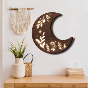 Lampada da parete con luce notturna LED in legno boho, decorazione murale nordica.