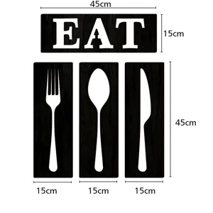 Plaque murale cuisine EAT en bois avec fourchette cuillere couteau noir et blanc 4 pieces
