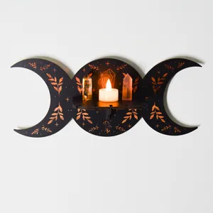 Bohemian triple moon wooden wall shelf with botanical carvings, crystal display candle holder.