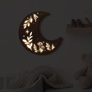 Nordico Bohemien Legno Luna Traforato LED Luce Notturna Parete Appeso Decorazione Soggiorno Camera da Letto