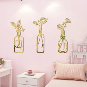 Gold Acryl 3D Spiegel Wandaufkleber, Vasen Blumen Design für Haus Schlafzimmer Wand Deko Wohnzimmer.