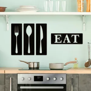 Ensemble de décoration murale de cuisine en bois avec couverts fourchette cuillère couteau EAT.