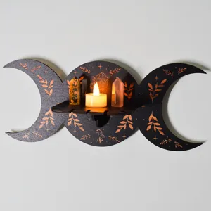 Bohemian Moon Phase Wooden Wall Shelf Crystal Candle Holder Black Wood Hanging Display Rack For Room Home Decor