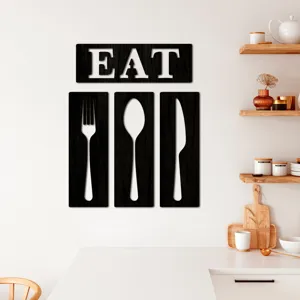 Décoration murale de cuisine en bois EAT panneau et couverts fourchette cuillère