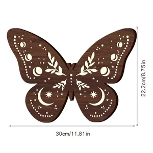 Lampada da notte a LED da parete a farfalla in legno con fasi lunari e stelle 30x22,2cm