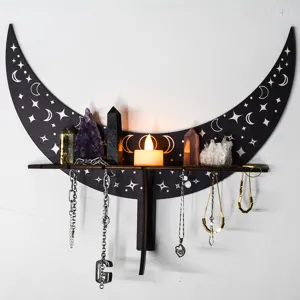 Boho moon wall shelf for crystal display and jewelry holder, black wooden gothic decor.