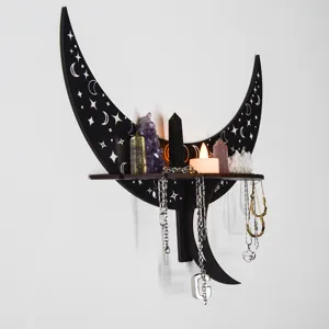 Bohemian moon wall shelf wooden crystal display rack gothic room decor hanging shelf with hooks