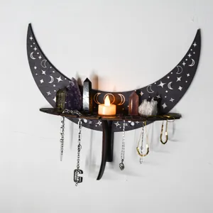 Bohemian wooden moon wall shelf crystal display rack and chic hanging jewelry organizer decor
