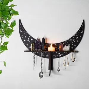 Bohemian moon wooden wall shelf with star patterns, perfect for crystals and jewelry display.