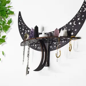 Bohemian moon wooden wall shelf with crystal display, star pattern home decor jewelry holder.