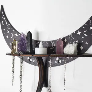 Bohemian crescent moon wall shelf crystal display holder wooden moon phase storage rack detail