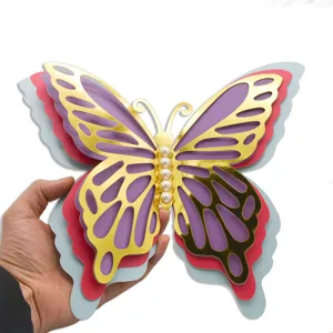 3D hollow butterfly wall sticker detail close up, multi layer pearlescent paper decor.