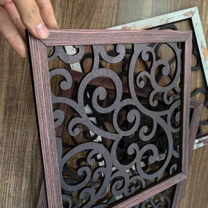 Wooden hollow wall decor panel with carved floral design for living room bedroom home art.