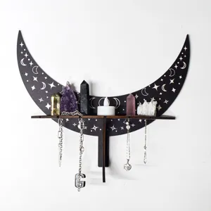 Bohemian moon wooden wall shelf with crystal decor and necklace organizer for home room.