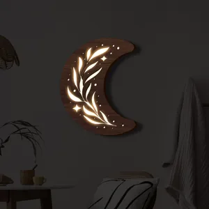 Applique murale LED luna in legno stile nordico boho foglia cava luce notturna casa