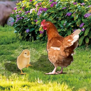 Yard art chicken and chick garden stakes, outdoor lawn decoration for yard and garden landscape.