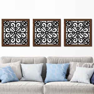 Wooden hollow wall decor set with brown frames and black floral patterns for living room.