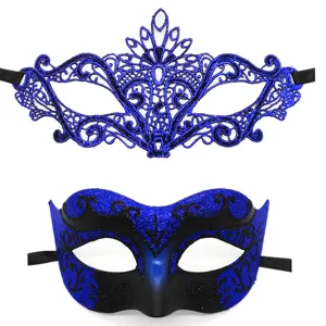 Blue masquerade lace and glitter masks set for party carnival dancing event festival.