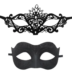 Black lace and glitter masquerade masks set for women, perfect for party, ball and carnival.