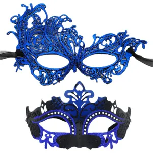 Set de máscaras de mascarada, antifaces de encaje con purpurina azul y negro para fiesta.