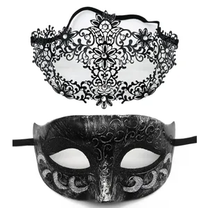 Set μaskών αποκριάτικου πάρτι Halloween, μαύρες μεταλλικές μάσκες μισού προσώπου με γκλίτερ.