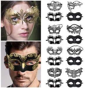 Masque de Bal Masqué Demi-Visage Strass Métal Jazz Fête Masque Couple Set Pour Halloween Carnaval Fête Costume