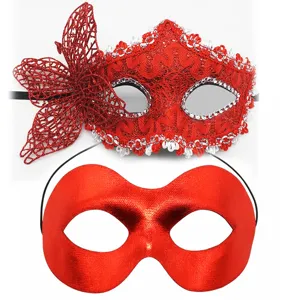 Rotes Maskenball Masken Set für Halloween Kostüm Party, elegante Spitzen Schmetterling.
