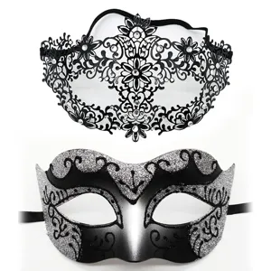 Ensemble de masques de bal masqué, métal noir strass filigrane et paillettes demi-visage.