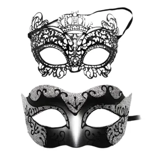Masque de bal masqué en métal strass ensemble noir argent fête loup bal de costume