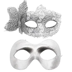 Silberne Maskenball Maske Set mit Schleife und glatter Zorro Augenmaske für Paare.