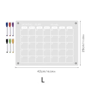 Transparant acryl maandelijkse planner whiteboard met markers, 42x29cm maat L wisbaar bord.