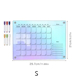 Acrylic magnetic calendar dry erase board for fridge with colorful weekly planner and markers.