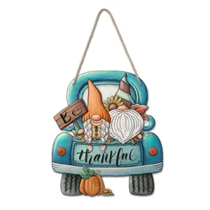 Thanksgiving wooden hanging sign with truck and gnome design for front porch decor.