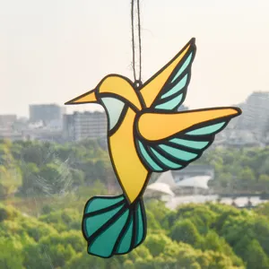Stained glass hummingbird suncatcher pendant detail, vibrant colors, acrylic hanging decor.