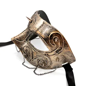 Halloween Retro Römischer Gladiator Punk Halbgesicht Maske mit Metallketten und Nieten für Party Requisite.