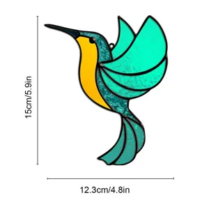 Stained glass hummingbird suncatcher detail, vibrant teal and yellow acrylic hanging decor.