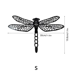 3D acrylic dragonfly mirror wall sticker detail view, black adhesive decor 30x19.8cm.