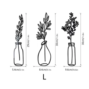 Detail view showing dimensions of 3D acrylic mirror plant vase wall stickers for home decor.