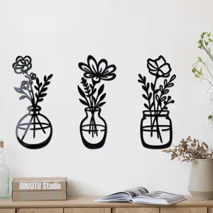 Akryl 3D Spiegel Blumen Vase Wandaufkleber, schwarze moderne botanische Kunst Dekor für Wohnzimmer.