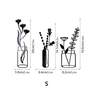 3D acrylic mirror vase wall sticker size chart showing dimensions for home decor S variant.