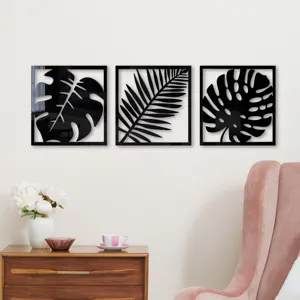 Autocollants muraux miroir acrylique feuille tropicale 3D cadre noir art mural