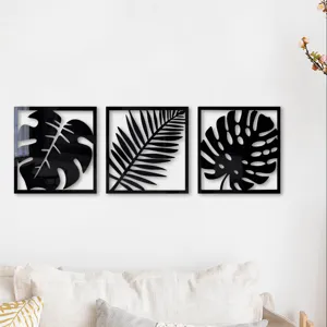 Stickers muraux miroir acrylique feuilles monstera tropicales 3D, ensemble de déco noir.